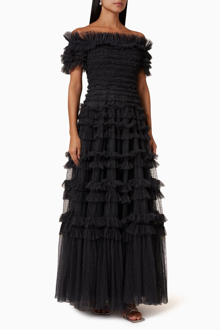 

Lisette Ruffle Off-shoulder Gown in Recycled Tulle, Black