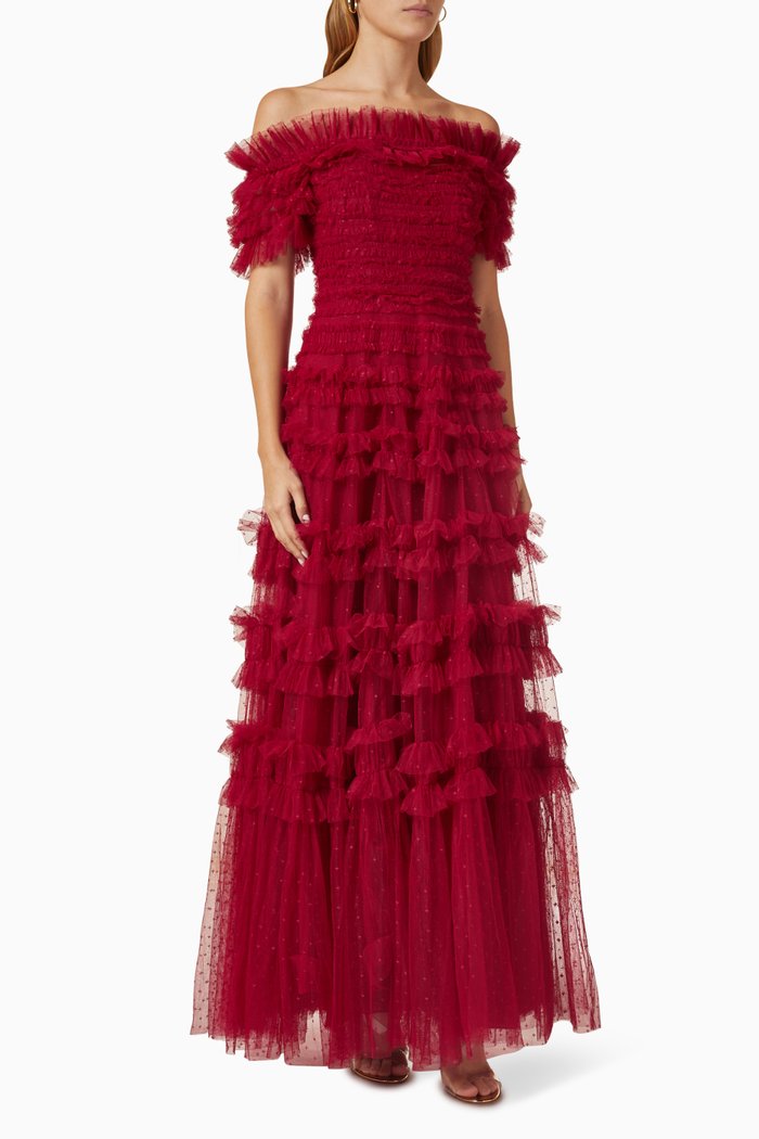 

Lisette Ruffle Off-shoulder Gown in Recycled Tulle, Red