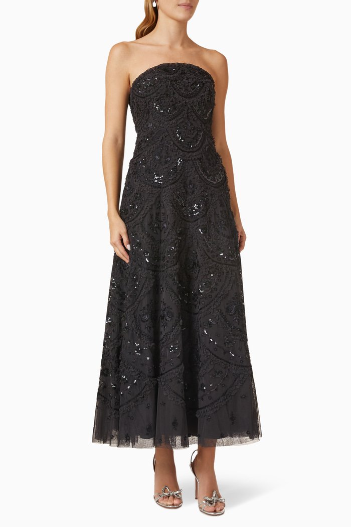 

Carmen Ruffle Strapless Midi Dress in Tulle, Black