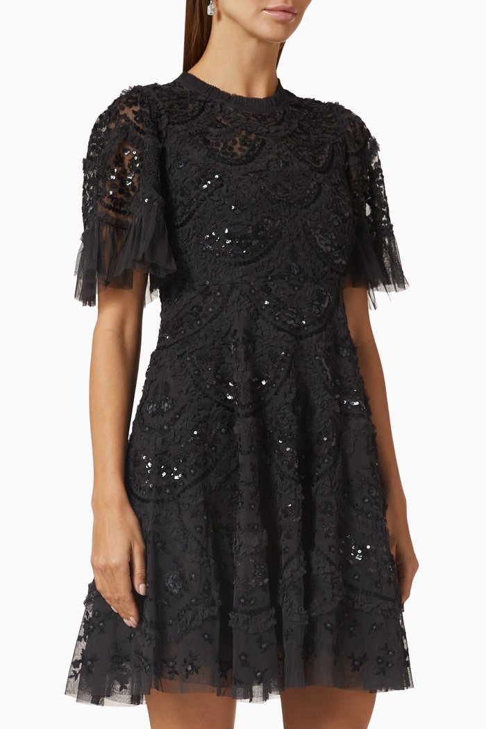 

Carmen Ruffle Mini Dress in Recycled Tulle, Black