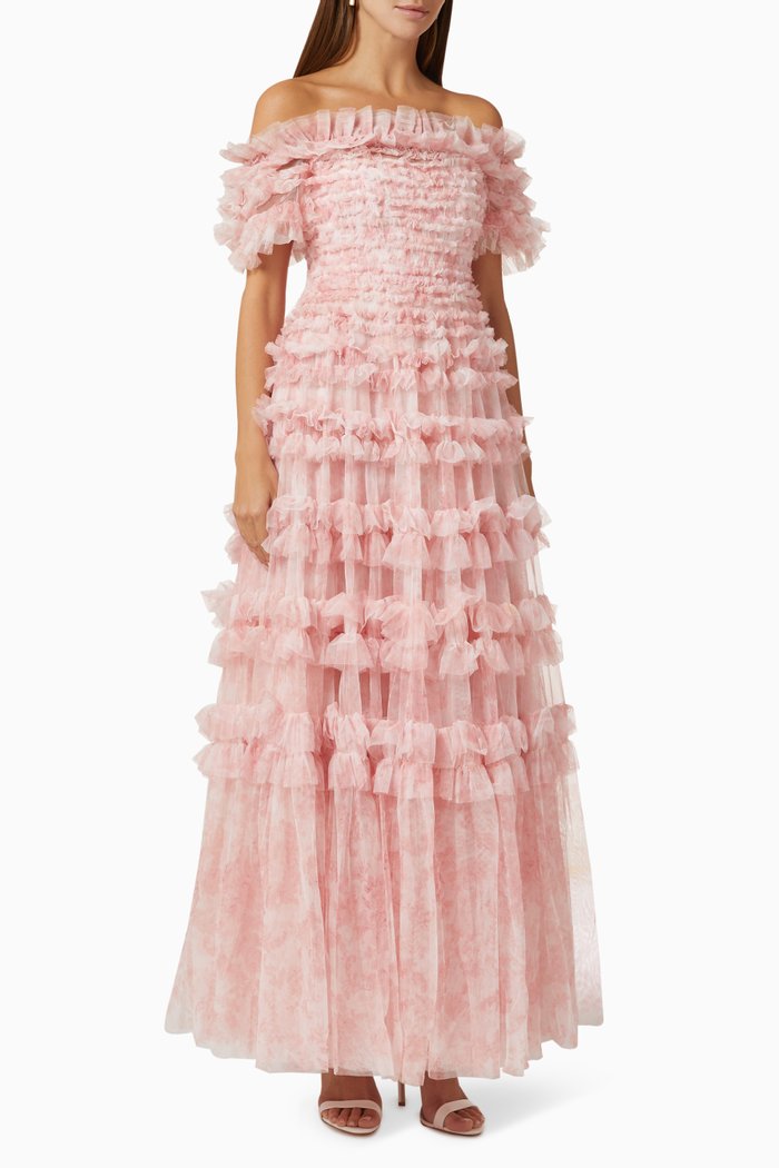 

Fleur De Lis Off-shoulder Maxi Dress in Tulle, Pink