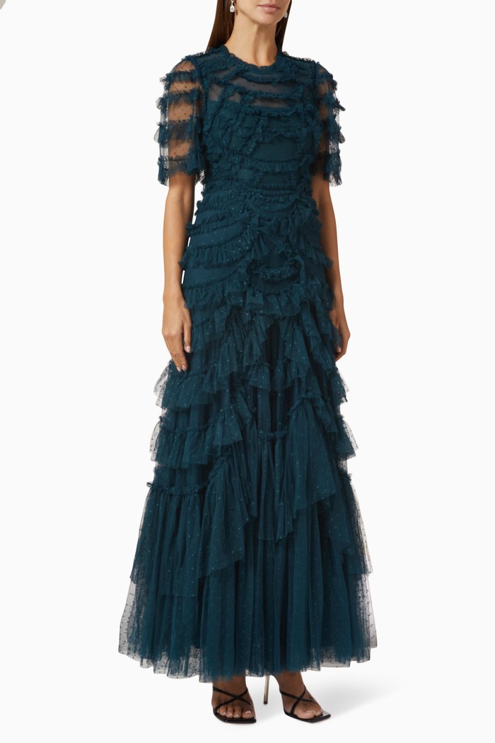 Marilla Ruffled Gown in Recycled Tulle, Green