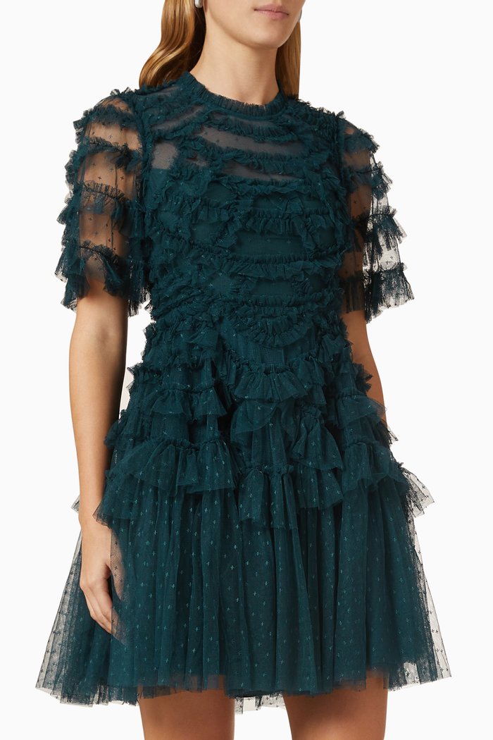 Marilla Ruffled Mini Dress in Recycled Tulle, Green