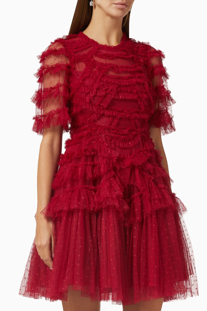 

Marilla Ruffled Mini Dress in Recycled Tulle, Red