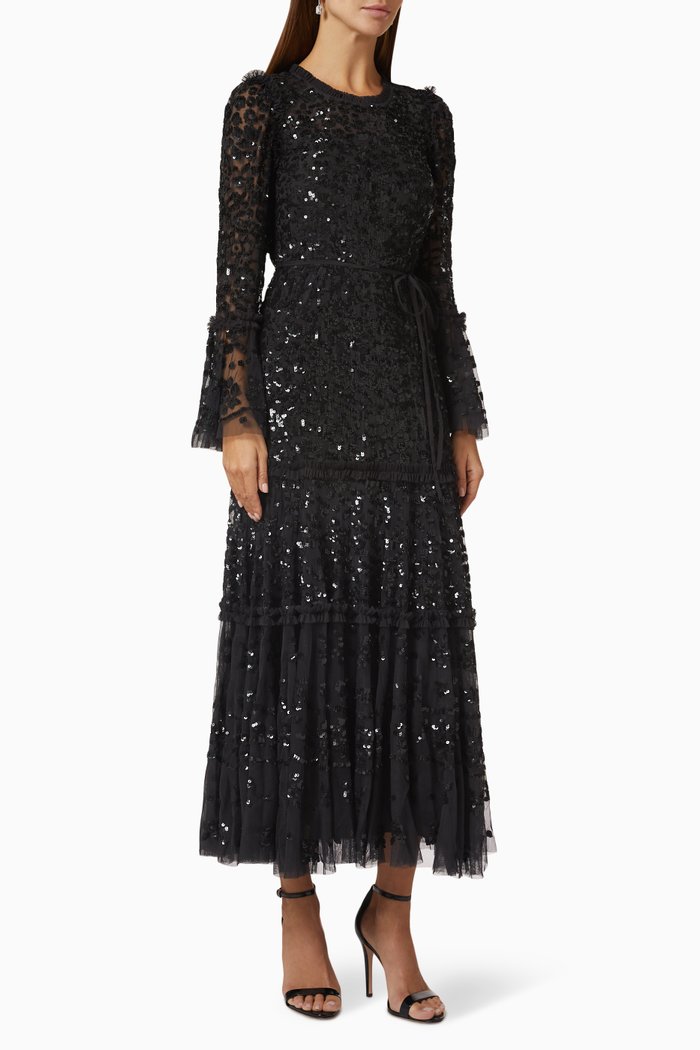 

Annie Sequin Tiered Midi Dress in Tulle, Black
