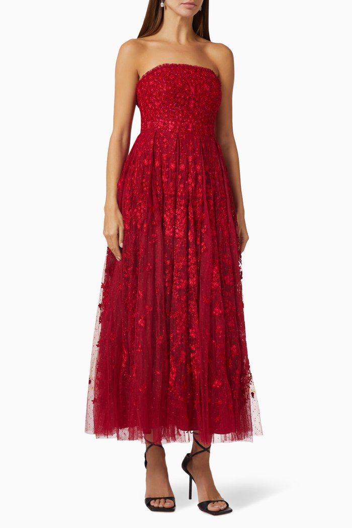

Olivia Ditsy Embroidered Gown in Tulle, Red