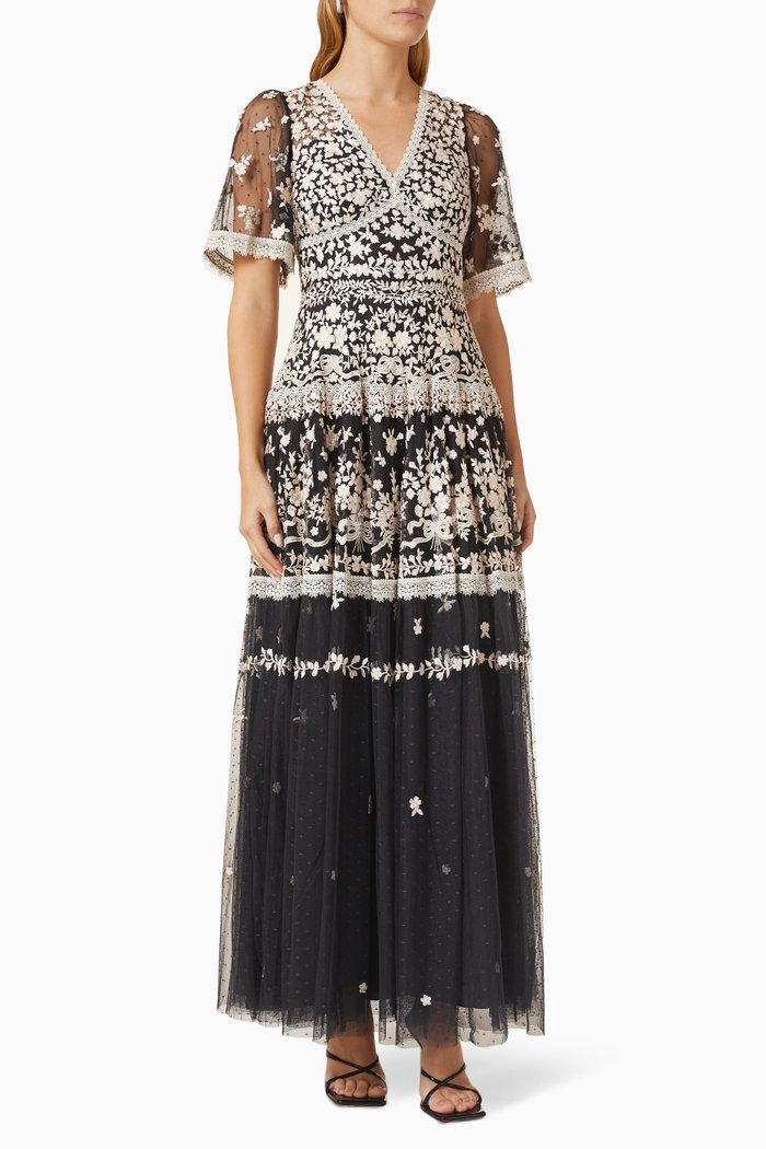 

Floral Bouquet Embroidered Gown in Tulle, Black