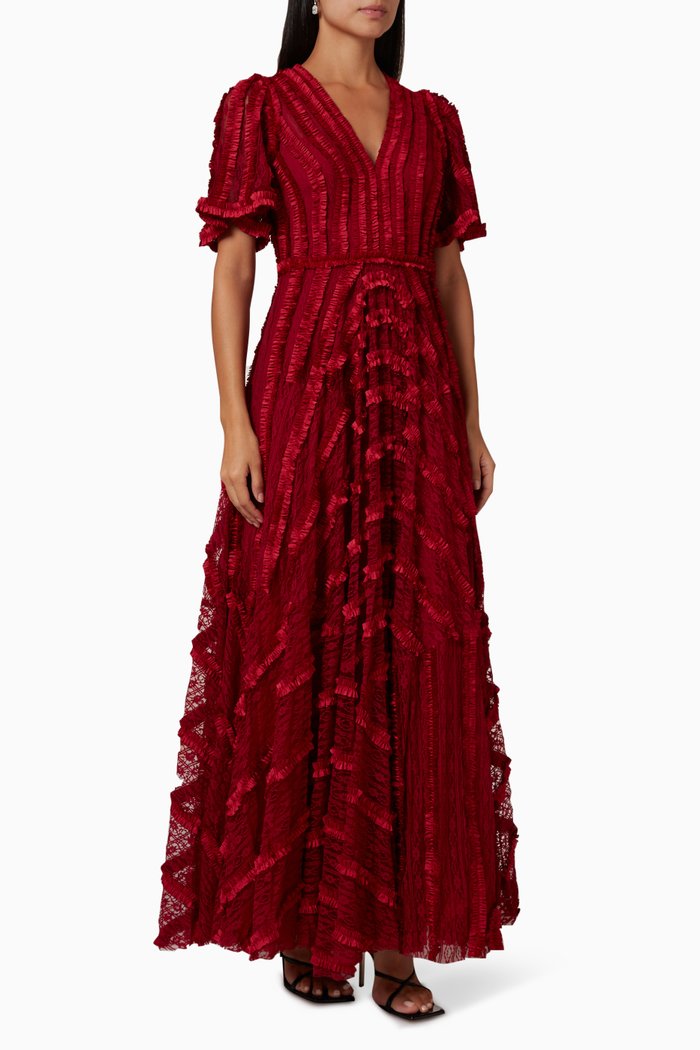 

Ruffle Maxi Dress in Satin, Red