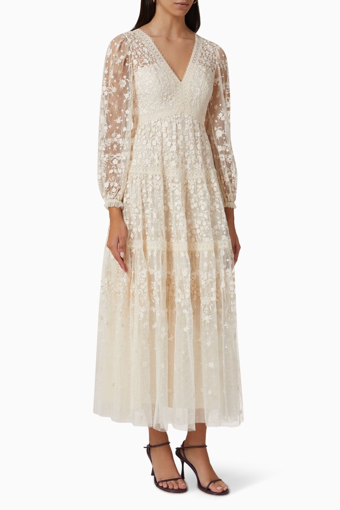 

Celestia Ribbon Maxi Dress in Tulle, Neutral
