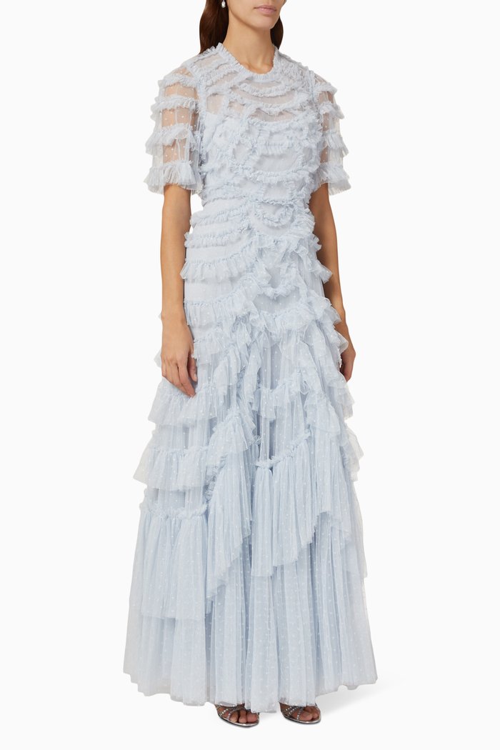 

Marilla Ruffled Gown in Recycled Tulle, Blue