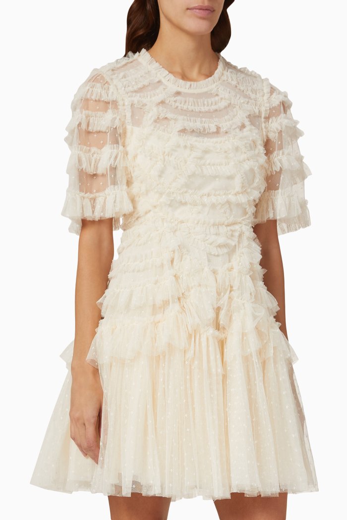 

Marilla Ruffled Micro Mini Dress in Recycled Tulle, Neutral