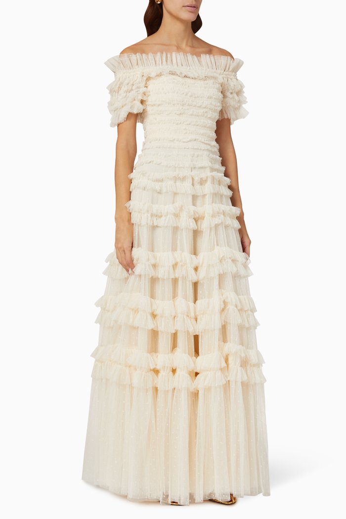 

Lisette Ruffled Off-Shoulder Gown in Recycled Tulle, Neutral
