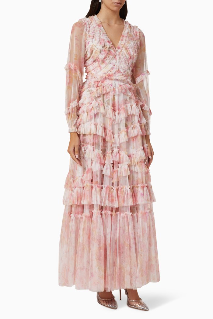 

Rose Bluebell Ruffle Maxi Dress in Tulle, Pink