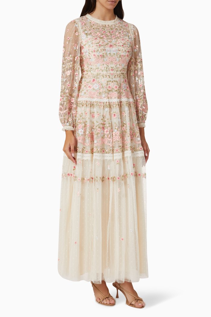 

Camelia Floral-embroidered Bouquet Maxi Dress in Tulle, Neutral