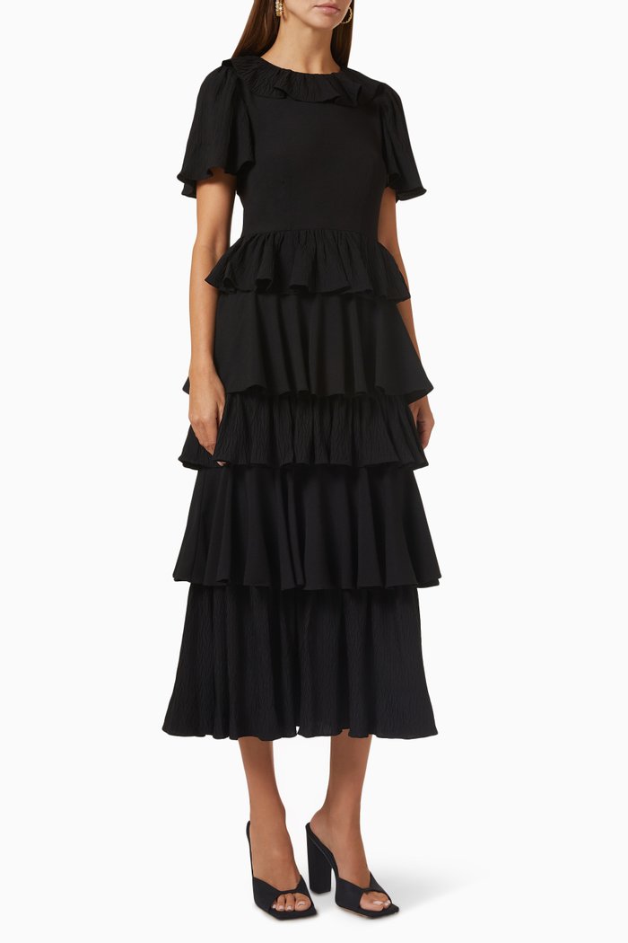 

Linette Tiered Midi Dress in Recycled Crepe de Chine, Black