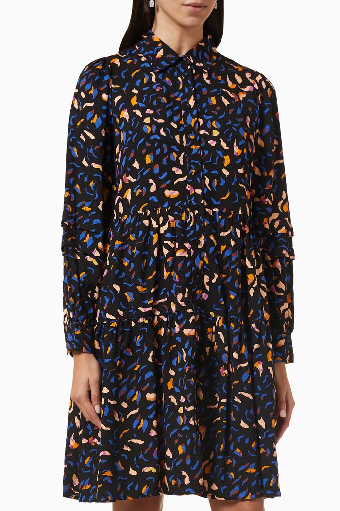 

Yasspilo Printed Mini Shirt Dress in Viscose, Black