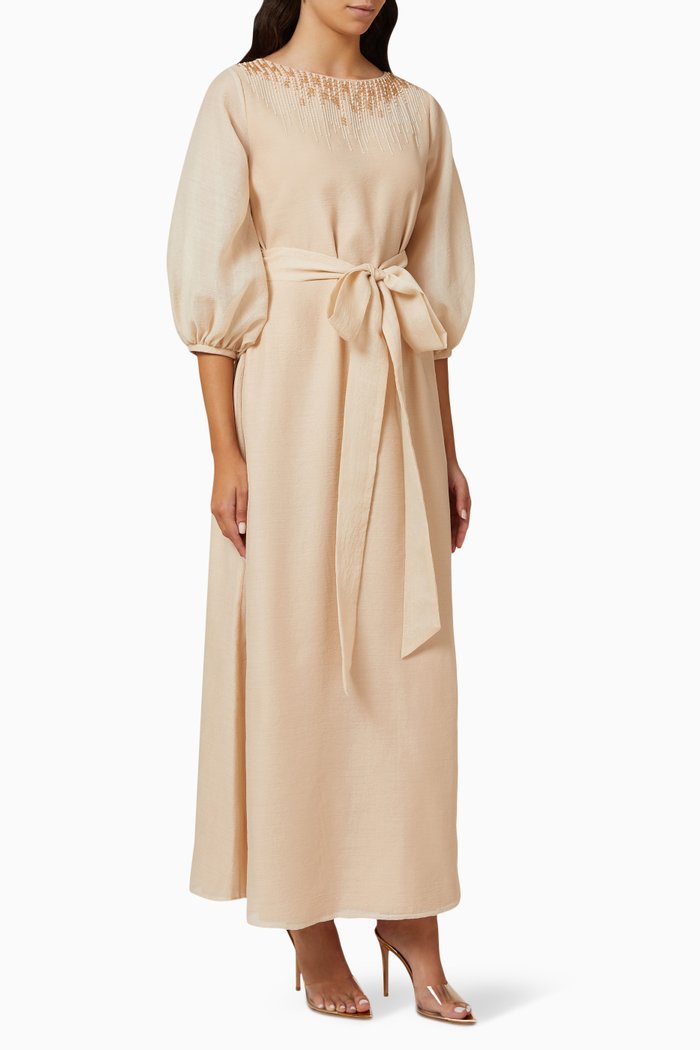 

Bead-embellished Belted Dress in Linen, Neutral