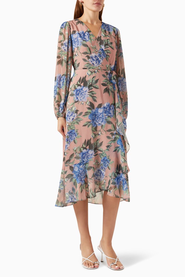 

Yasesme Midi Dress in Floral Satin, Pink