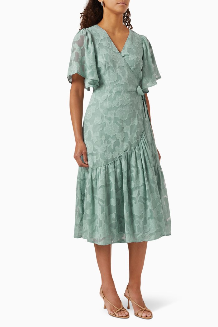 

Yaslucia Floral Midi Wrap Dress in Jacquard, Brown