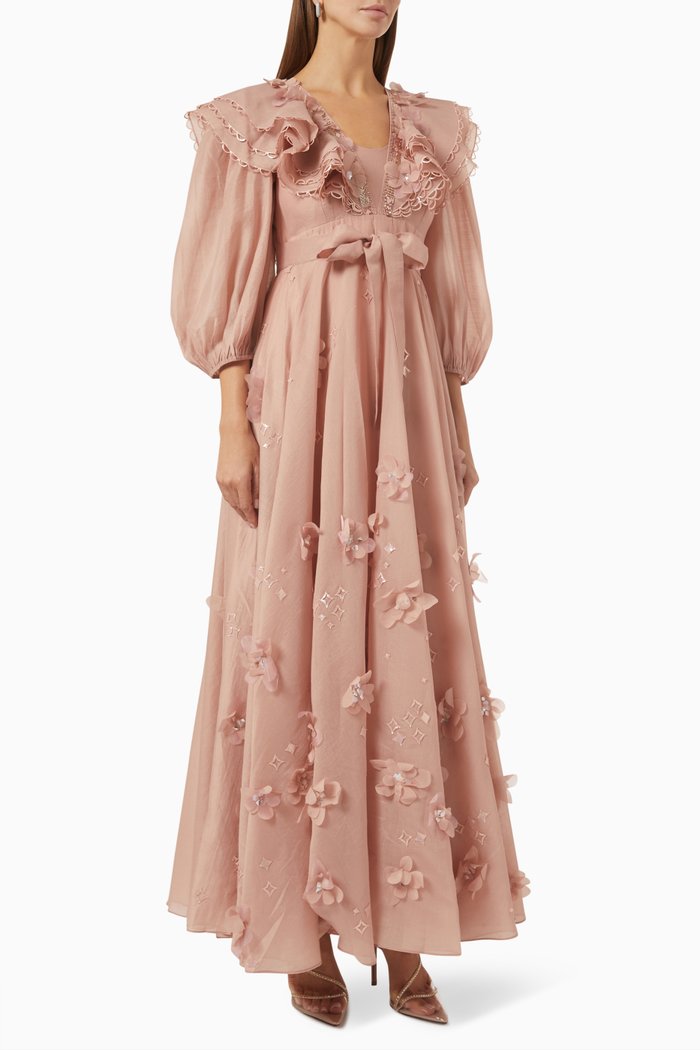 

Orion Floral Appliqué Dress in Organza, Brown