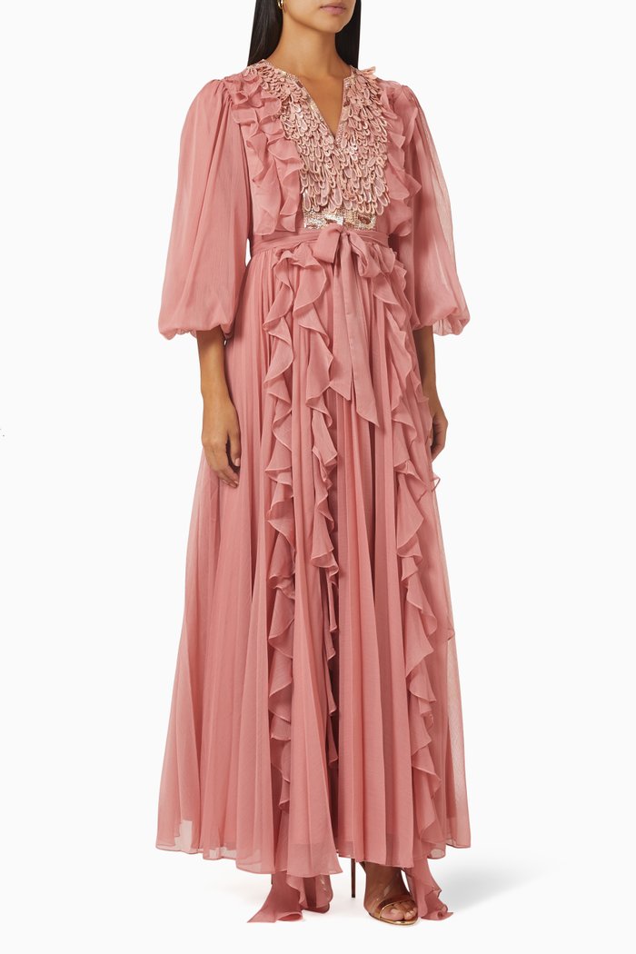 

Kindred Ruffled Maxi Dress in Chiffon, Pink