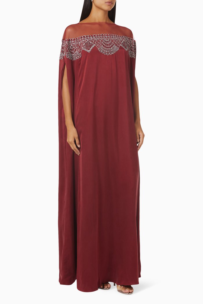 

Embellished Cape-cut Kaftan in Silk, Red