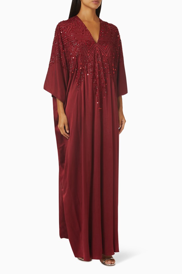 

Embellished V-neck Kaftan in Silk, Red