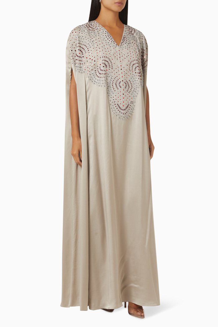 Embellished Cape-cut Kaftan in Silk, Silver