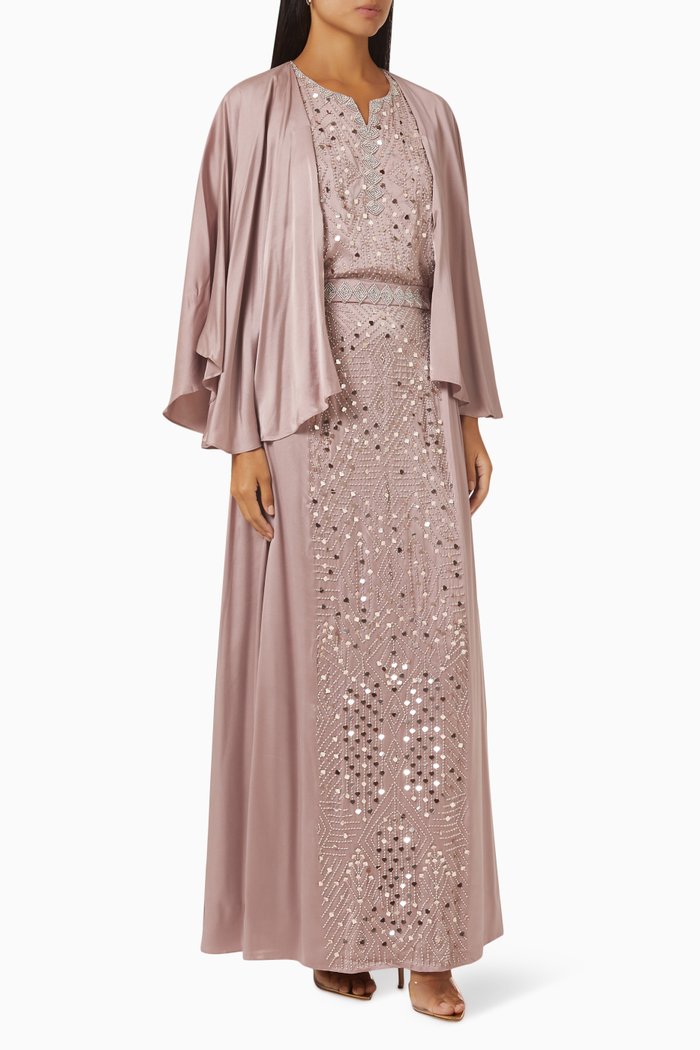 Embellished Cape-sleeve Kaftan in Silk, Neutral