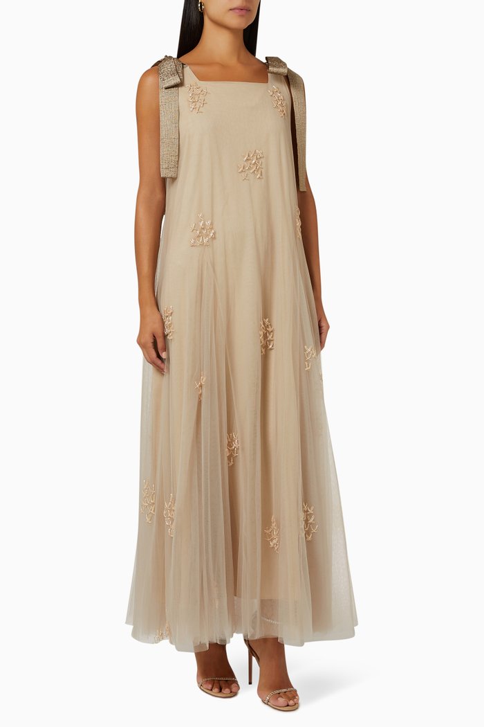 

Embellished Shoulder-tie Maxi Dress in Tulle, Pink