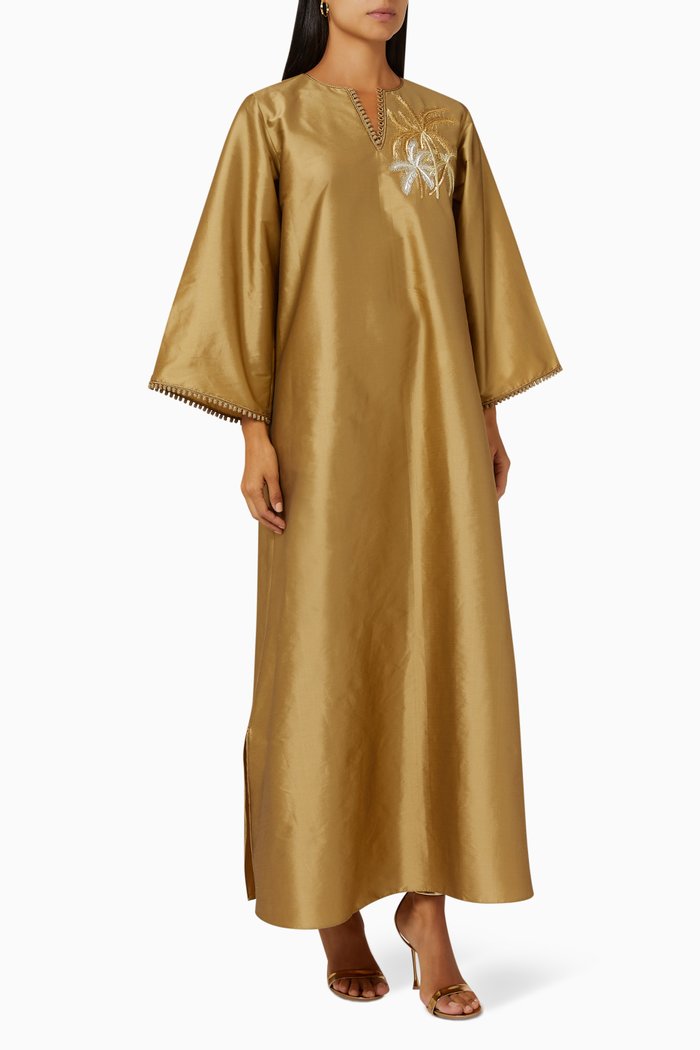 

Embroidered Maxi Dress in Raw-silk, Gold