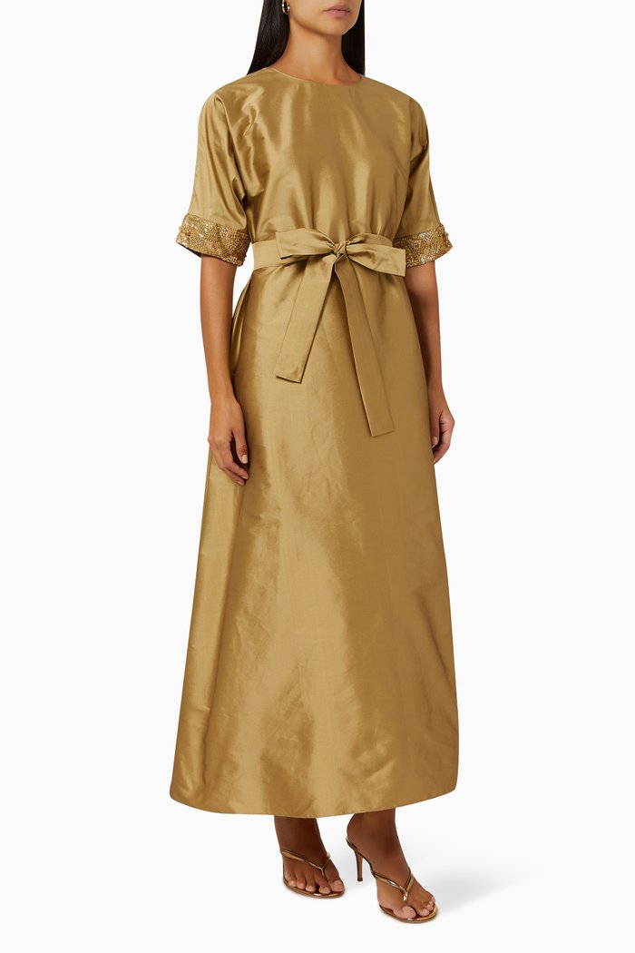 

Embellished-cuff Belted Maxi Dress in Raw-silk, Gold