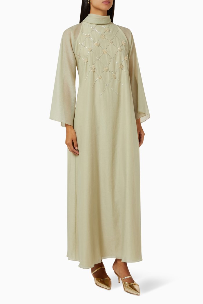 

Embellished Bow-tie Collar Maxi Dress in Organza, Green