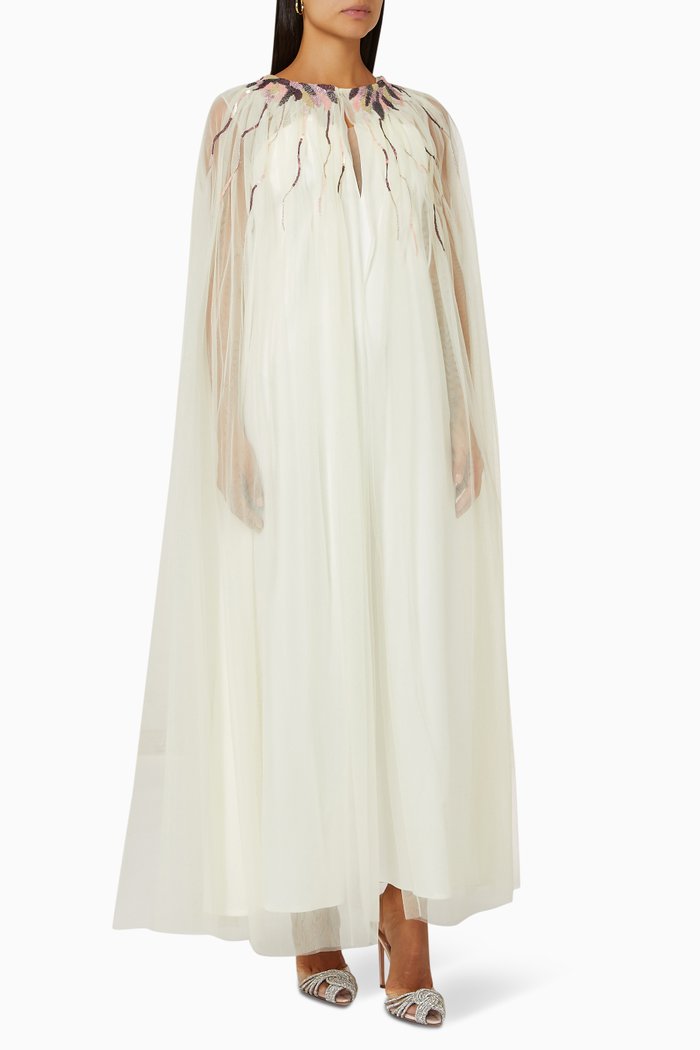 

Sleeveless Maxi Dress & Cape Set in Tulle, Neutral