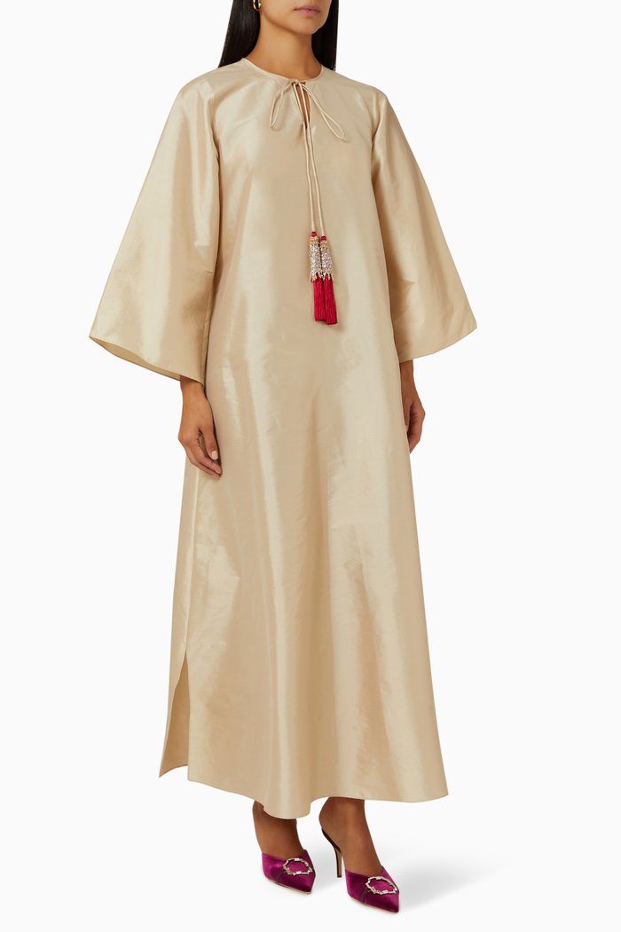 

Embellished Tassel-tie Maxi Dress in Raw-silk, Neutral