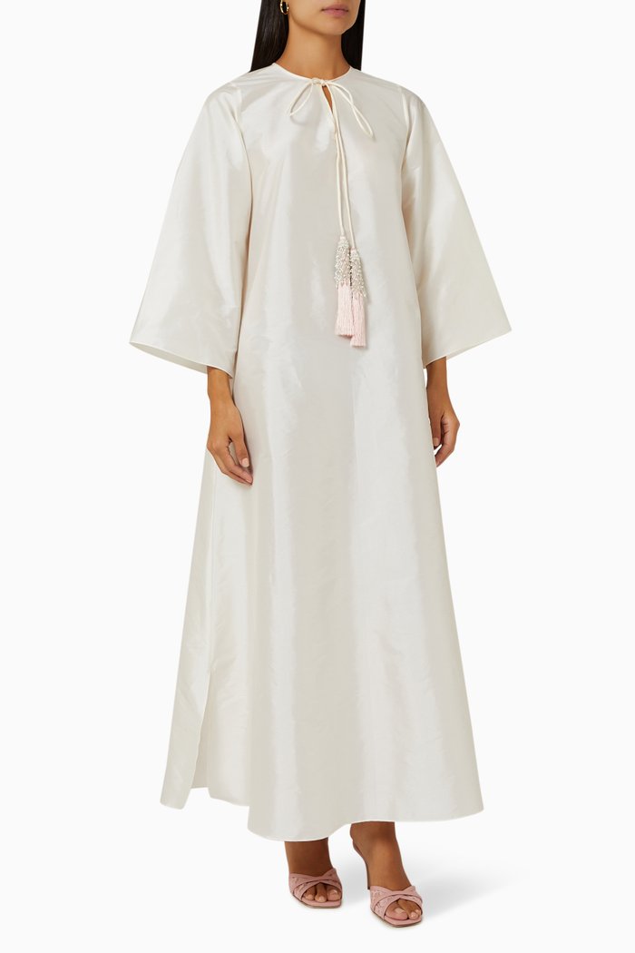 

Embellished Tassel-tie Maxi Dress in Raw-silk, Neutral