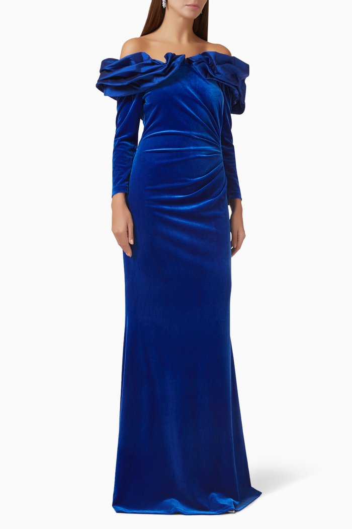 

Off-shoulder Ruffle Gown in Velvet, Blue