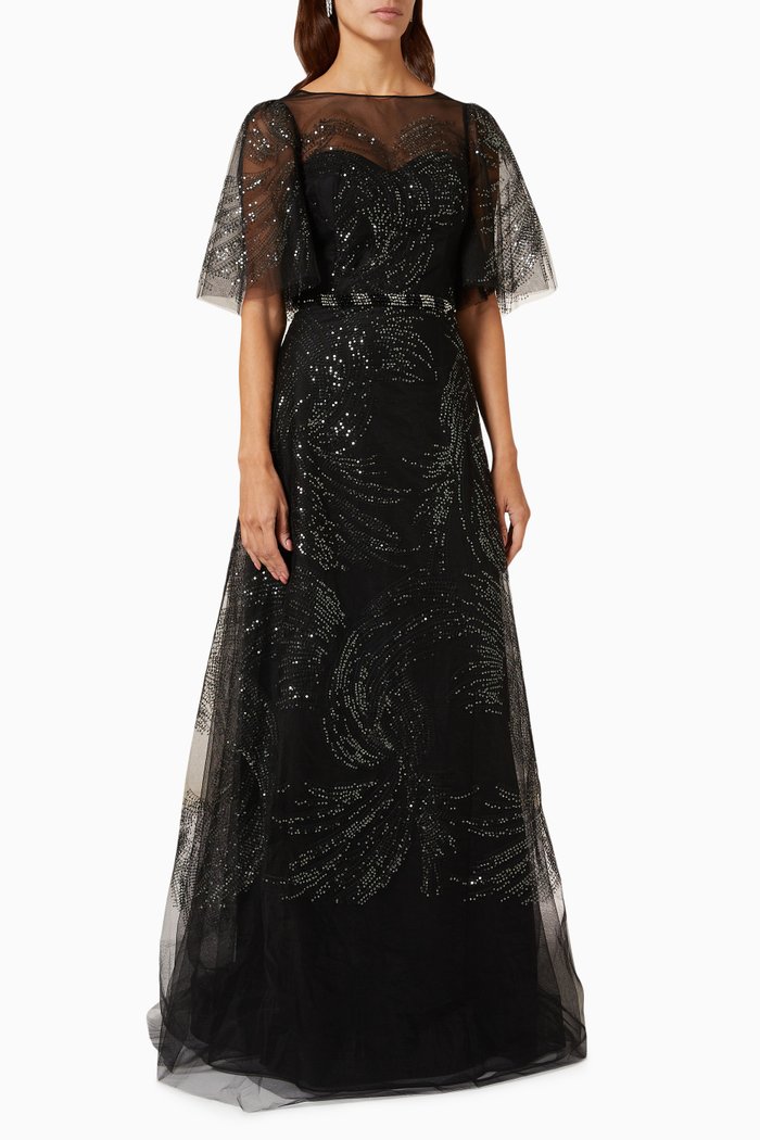 

Embellished Gown in Sequins & Tulle, Black