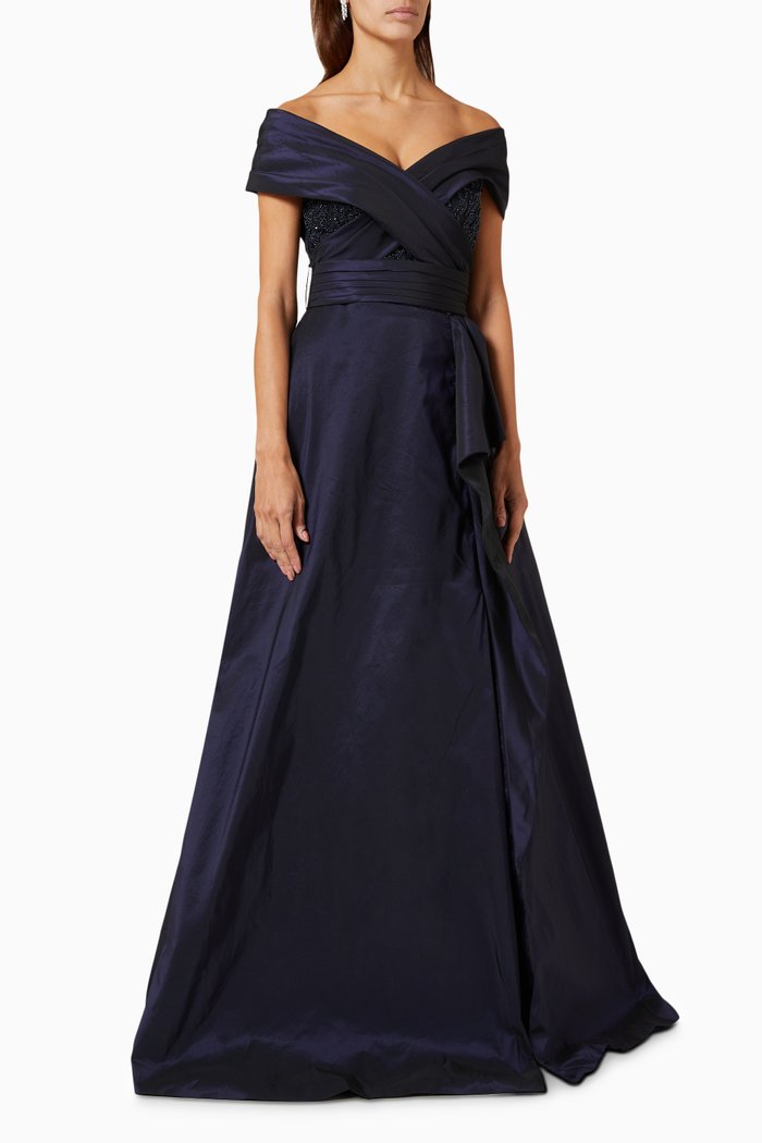 

Embellished Off-shoulder Gown in Taffeta, Blue