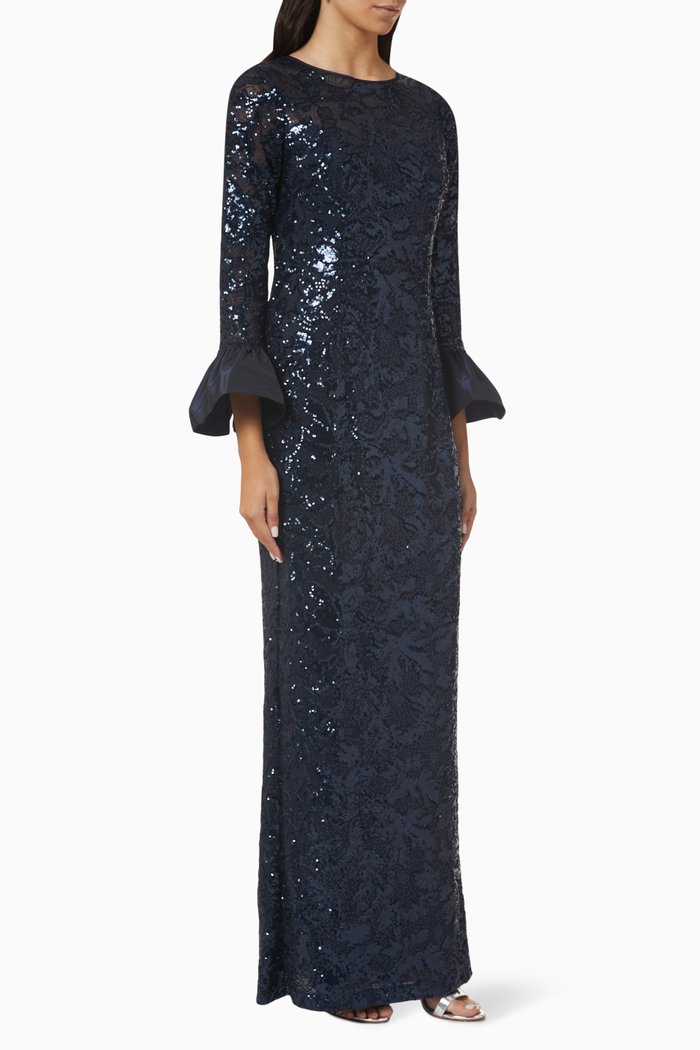 

Bell-sleeve Sequin-embellished Gown, Blue