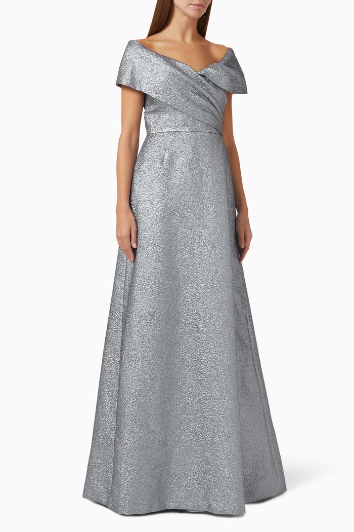 Metallic Off-shoulder Gown, Silver
