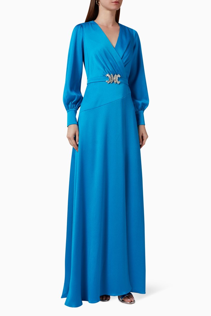 

Crystal-embellished Belted Gown in Satin, Blue