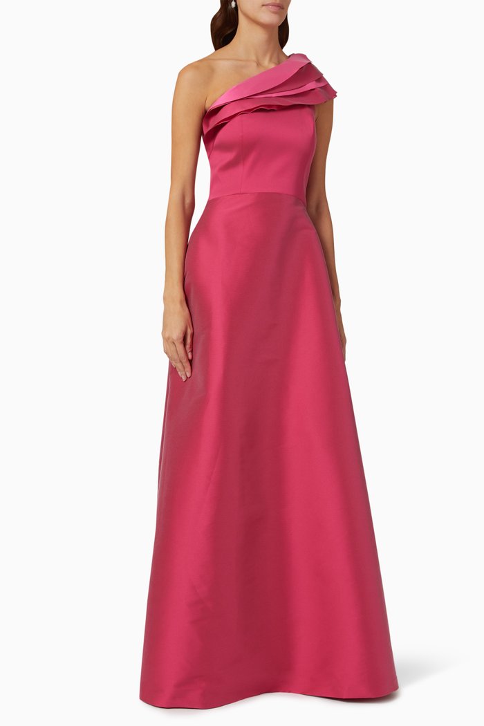 

One-shoulder Ruffled Gown in Taffeta, Red