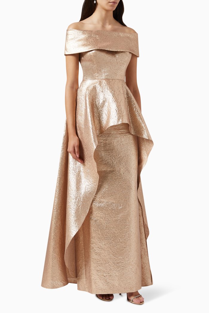 Off-shoulder Peplum Gown in Silk, Gold
