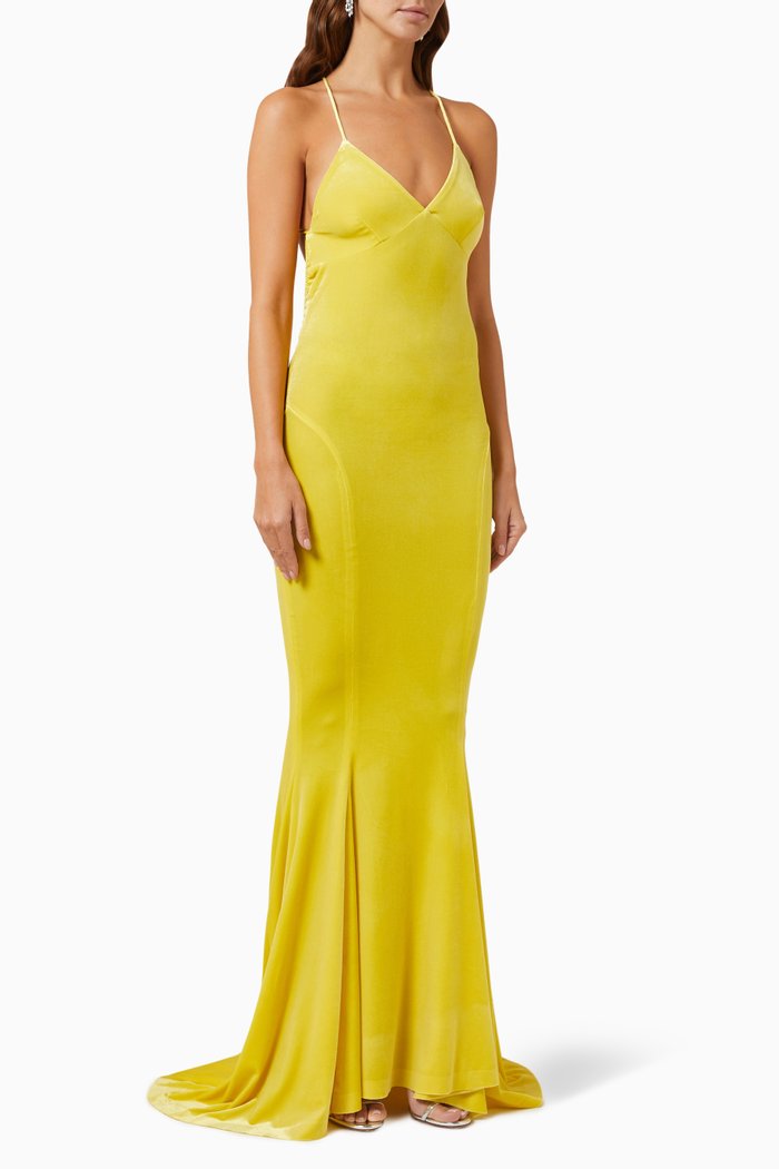 

Low-back Fishtail Gown in Stretch Velvet, Yellow