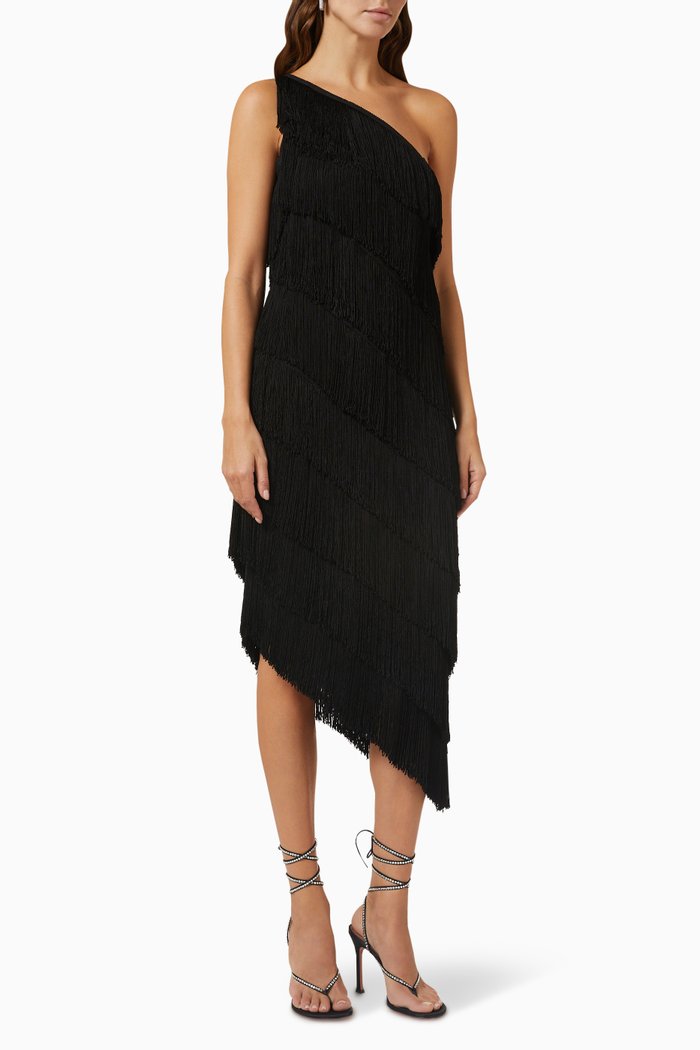 One-shoulder Fringed Midi Dress, Black