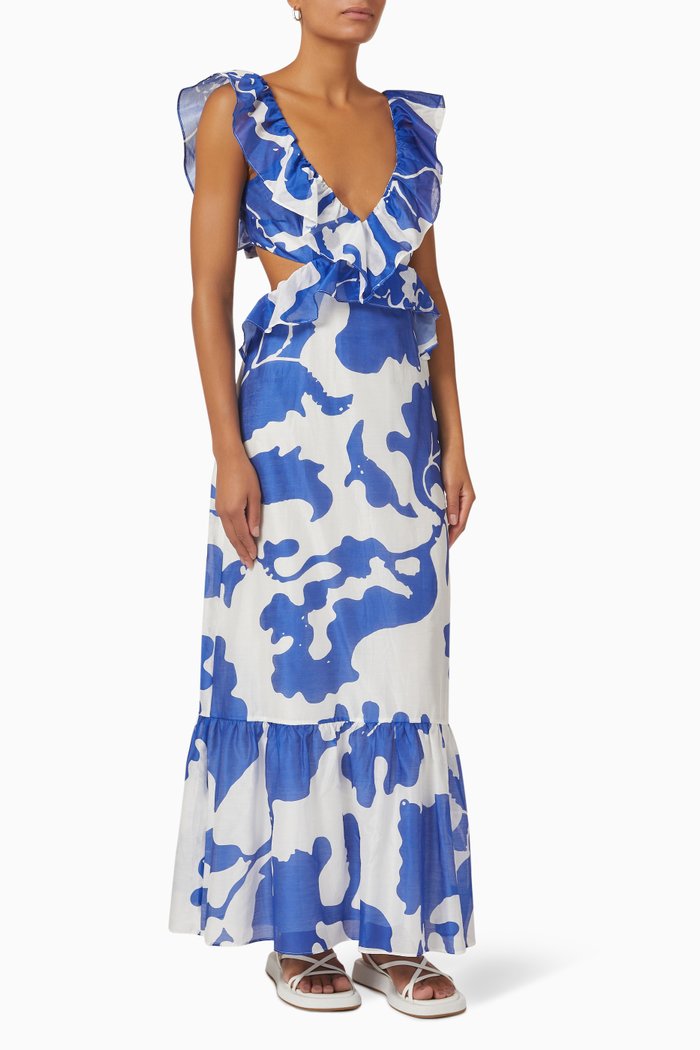 

Vivi Frill Maxi Dress in Cotton-silk blend, Blue