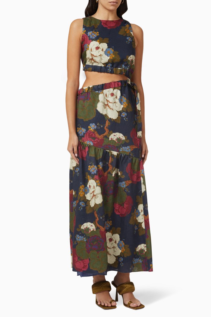 

Francesca Asymmetrical Cut-out Maxi Dress in Linen, Multicolour
