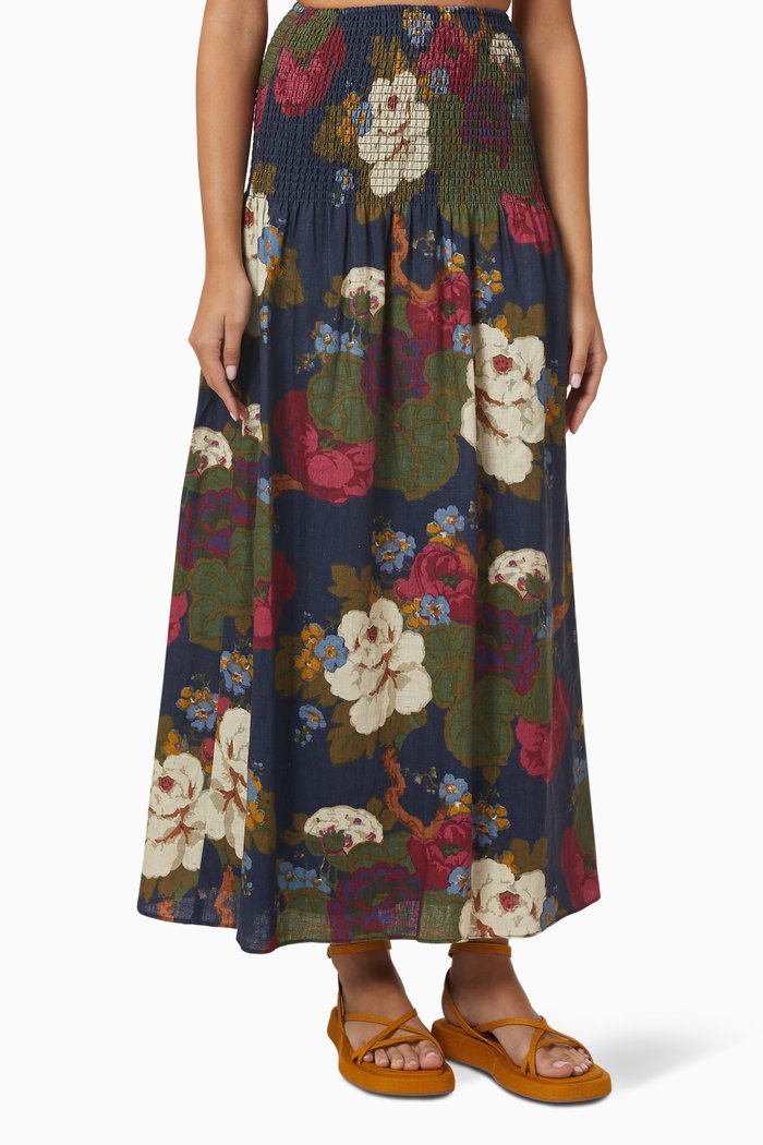 

Francesca Shirred Maxi Skirt in Linen, Multicolour