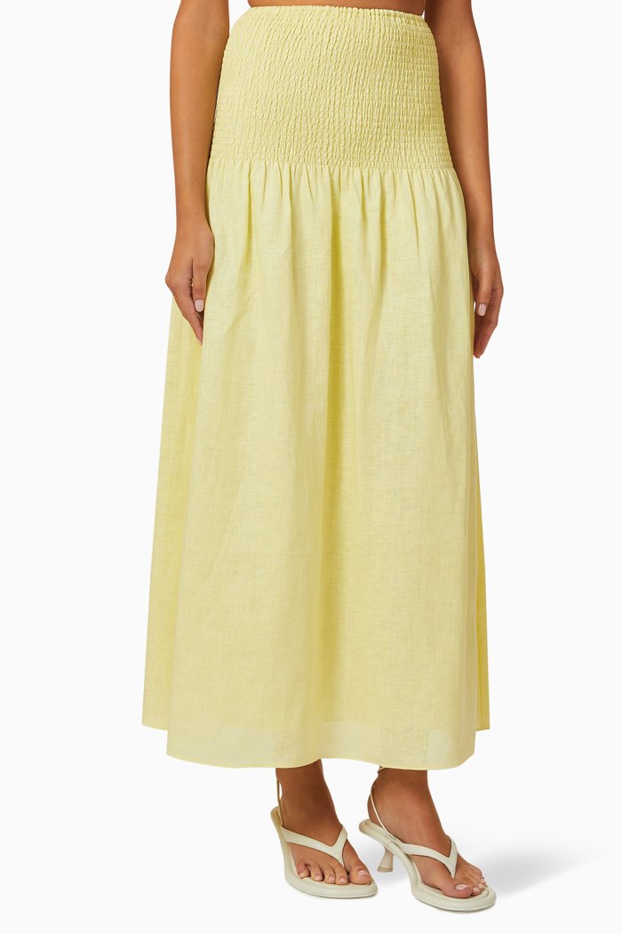 

Francesca Shirred Maxi Skirt in Linen, Yellow